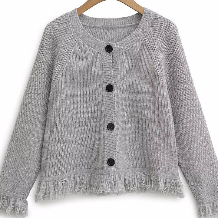 Ladies cardigan with fringed edges and button details Lune London
