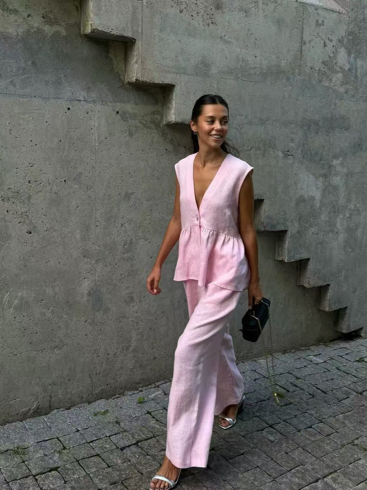 Women two-piece airy set in high-quality linen blend with casual cut Chic and Style