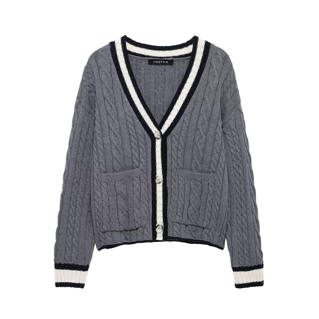 Knit jacket for women with V-neck and decorative cable patterns Lune London