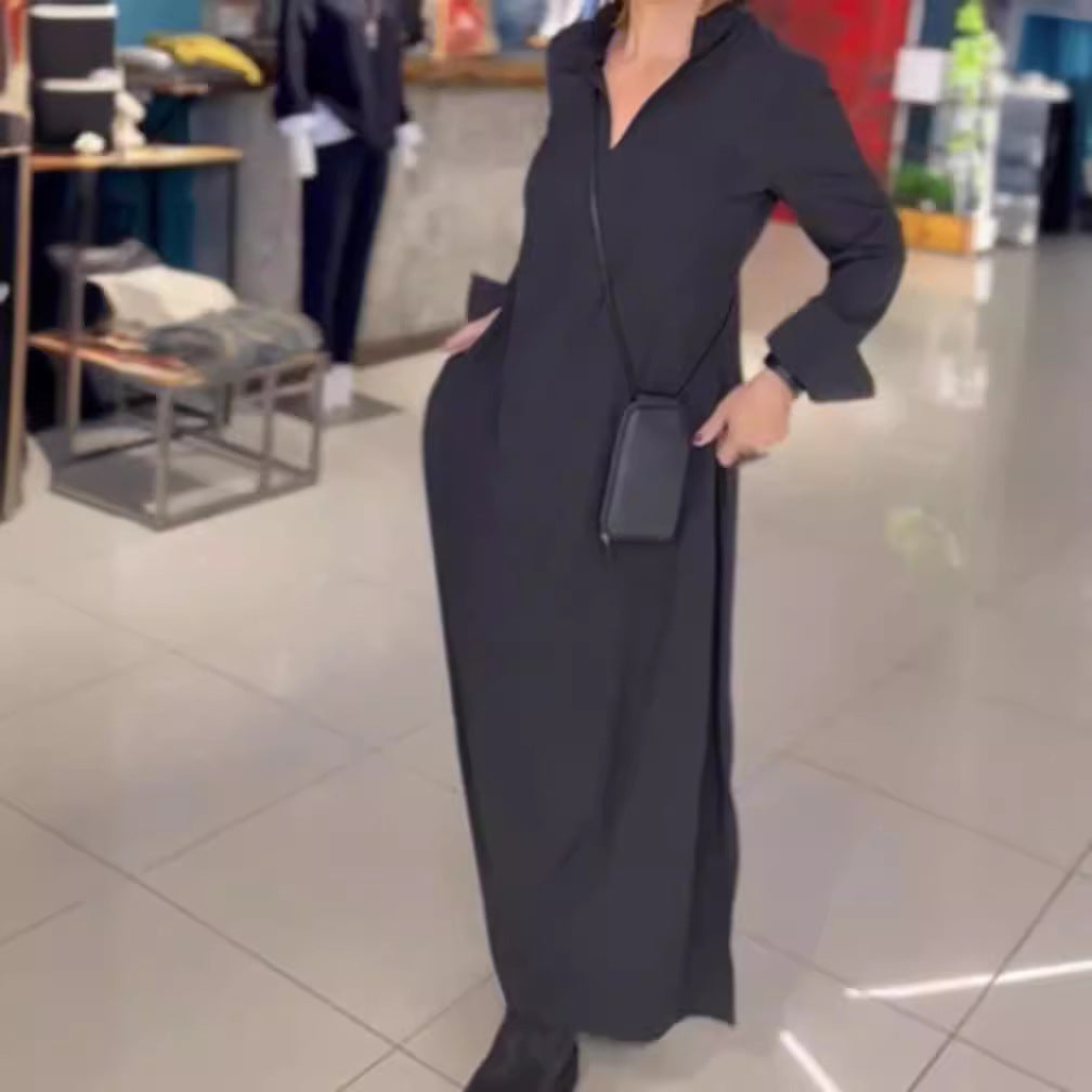 Elegant Lady long shirt dress with practical side pockets and chic collar
