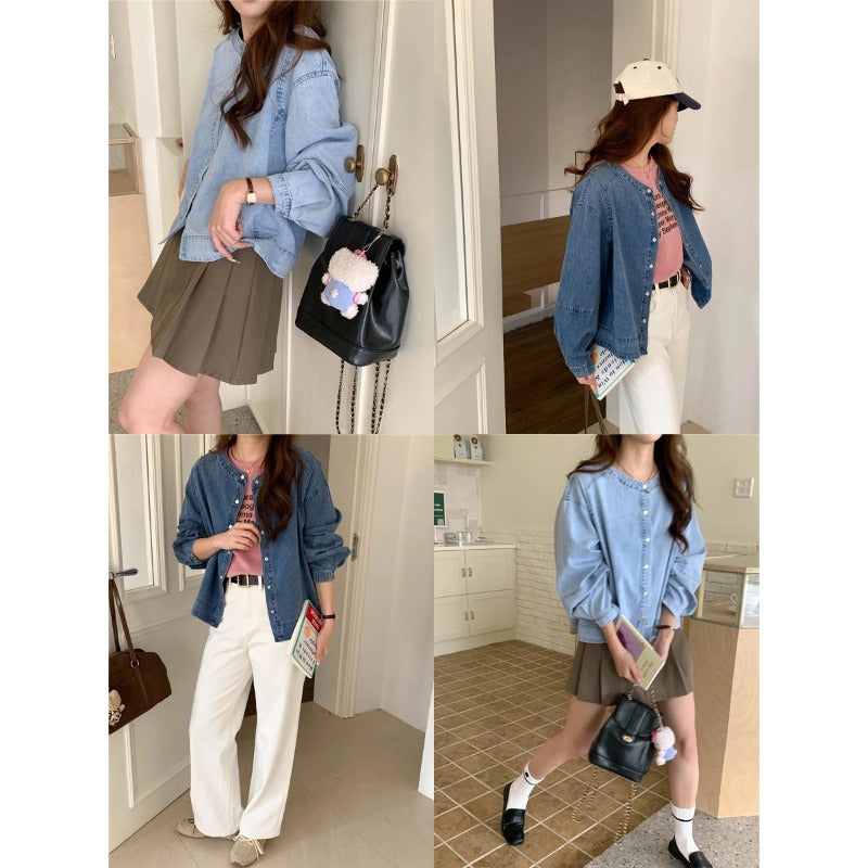 Women's fashionable denim blouse with puff sleeves Chic & Stil