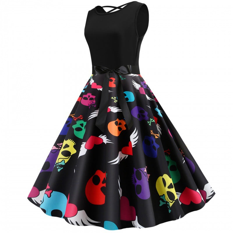 Robe swing femme avec design de crâne coloré et ceinture à lien latéral Chic & Stil