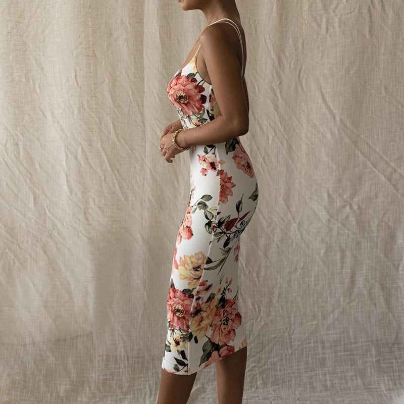 Floral print bodycon dress for women with asymmetrical strap design Lune London