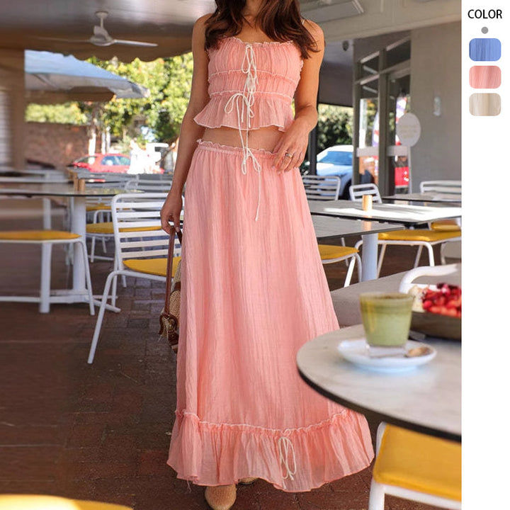 Chic & Style Adjustable Neckline Women's Airy Maxi Dress with Ruffle Details