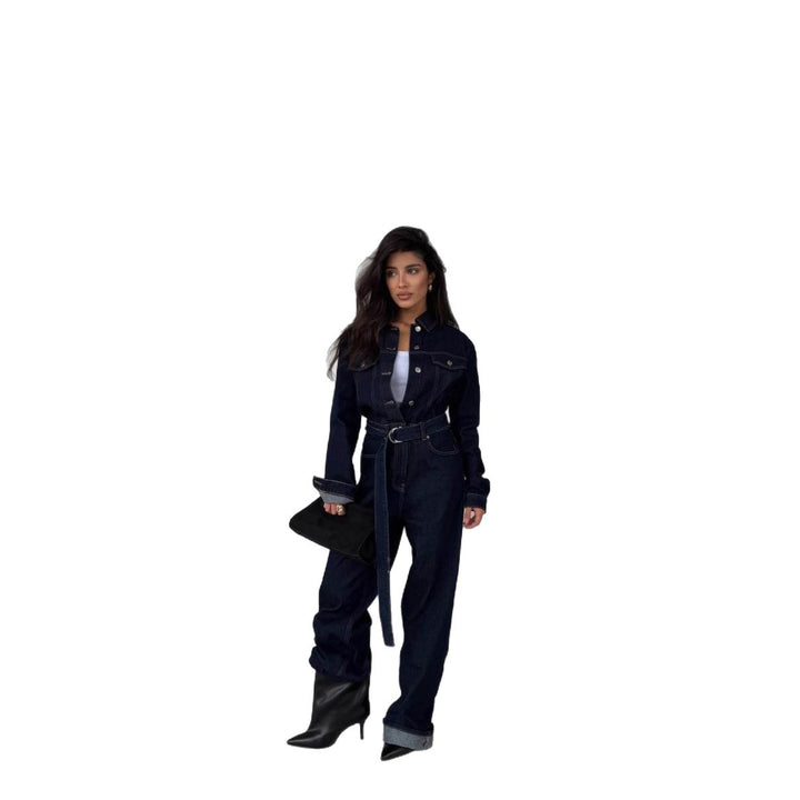 Robe en jean à manches longues pour femmes avec une coupe cintrée et une ceinture amovible Chic & Stil