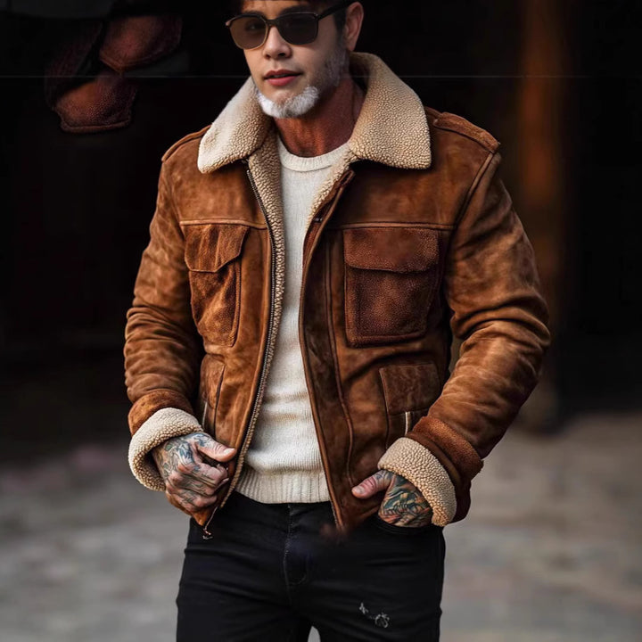 Vintage style leather jacket for men with faux fur collar and multiple pockets Lune London