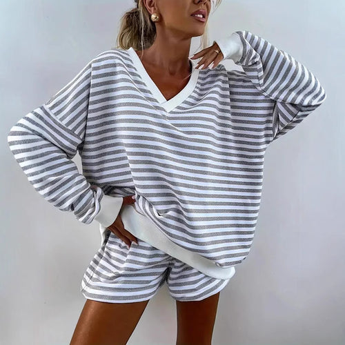 Ladies Striped Sports Top with Short Shorts Lune London