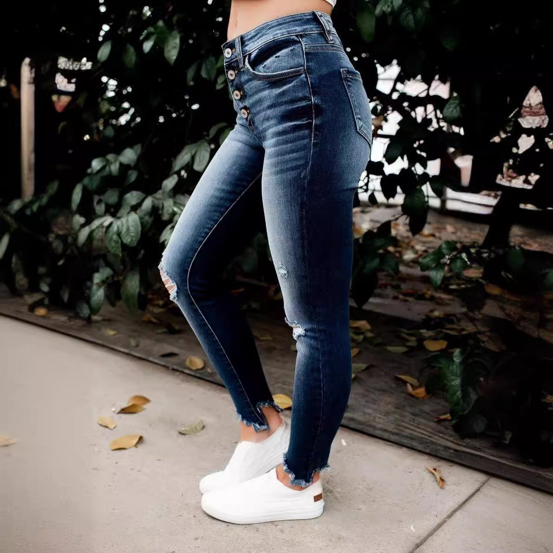 Jeans skinny taille haute pour femmes avec boutonnière et détails destroy Lune London