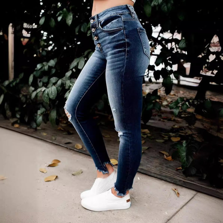 Jeans skinny taille haute pour femmes avec boutonnière et détails destroy Lune London