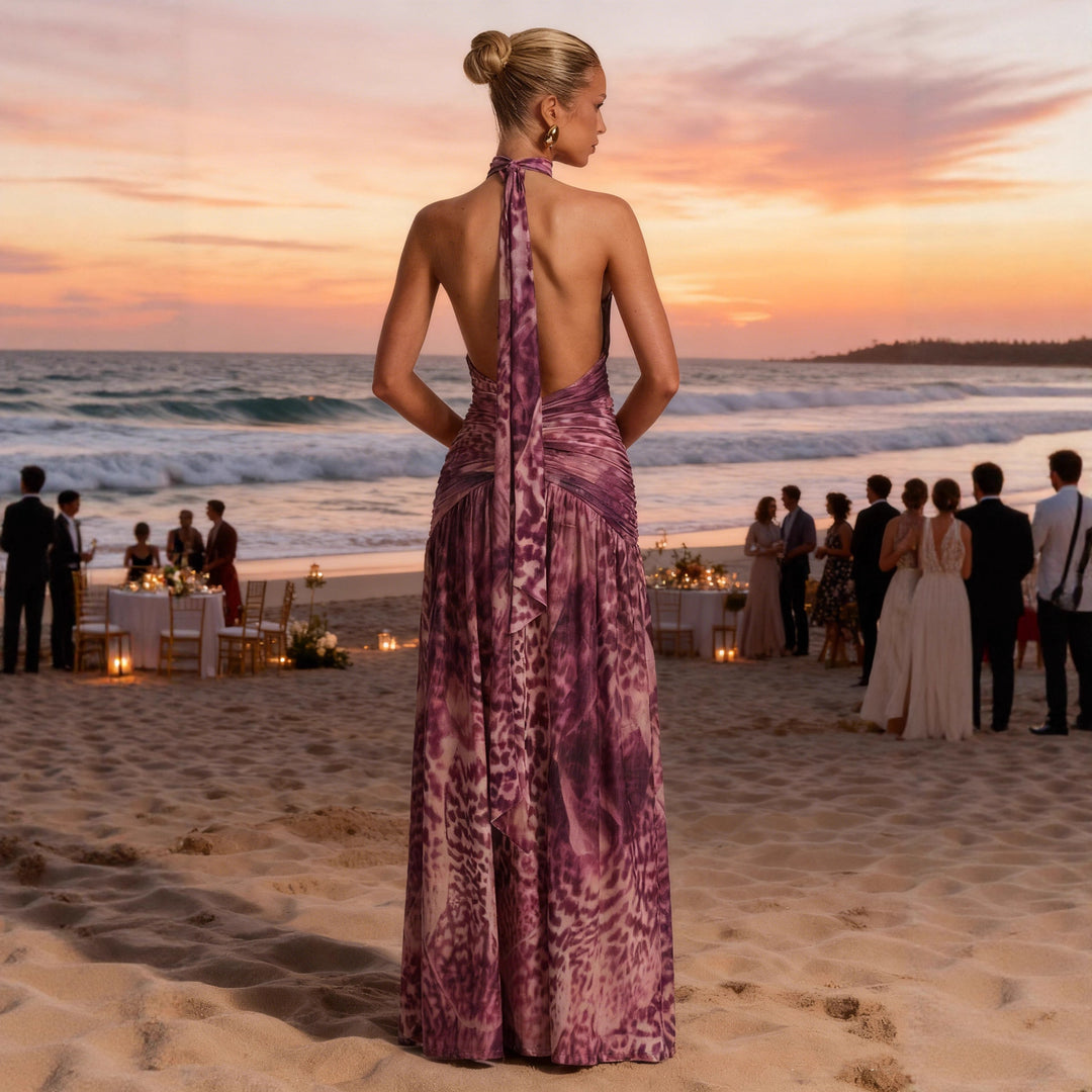 Women's maxi dress with deep V-neck and elegant slit