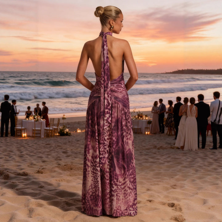 Women's maxi dress with deep V-neck and elegant slit