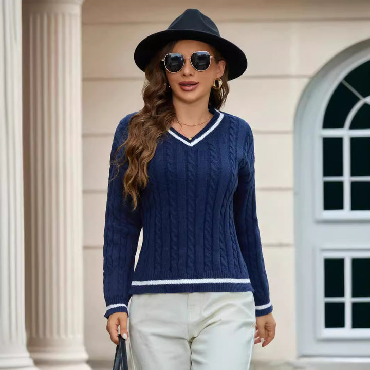 Knit sweater for women with V-neck and cable pattern Lune London