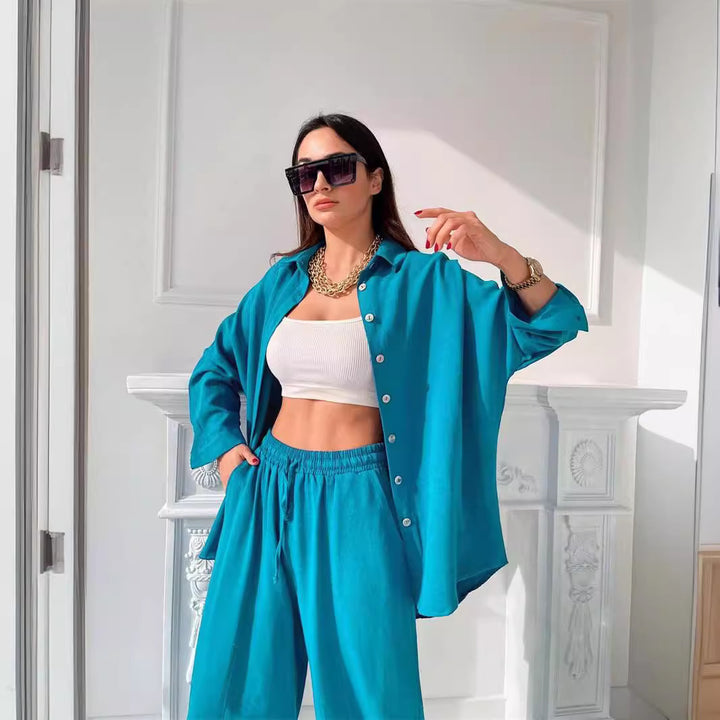 Women Casual Set in Lightweight Blended Fabric with Loose Blouse and Comfortable Pants Lune London