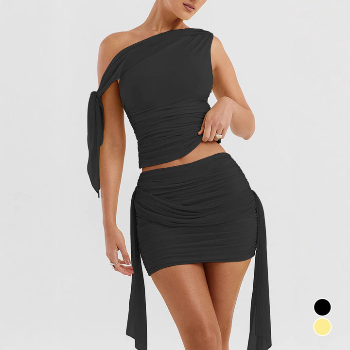 Women's set of off-the-shoulder blouse and mini skirt with gathering Lune London