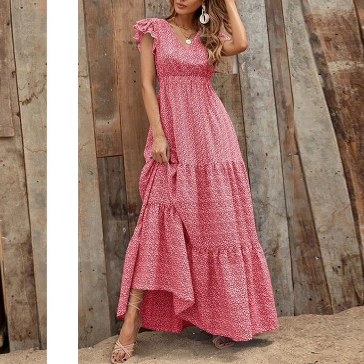 Maxi dress for women with delicate ruffled details and a deeper V-neck Lune London