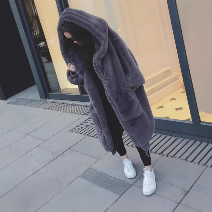 Ladies Oversized Faux Fur Coat with Hood and Pockets Lune London