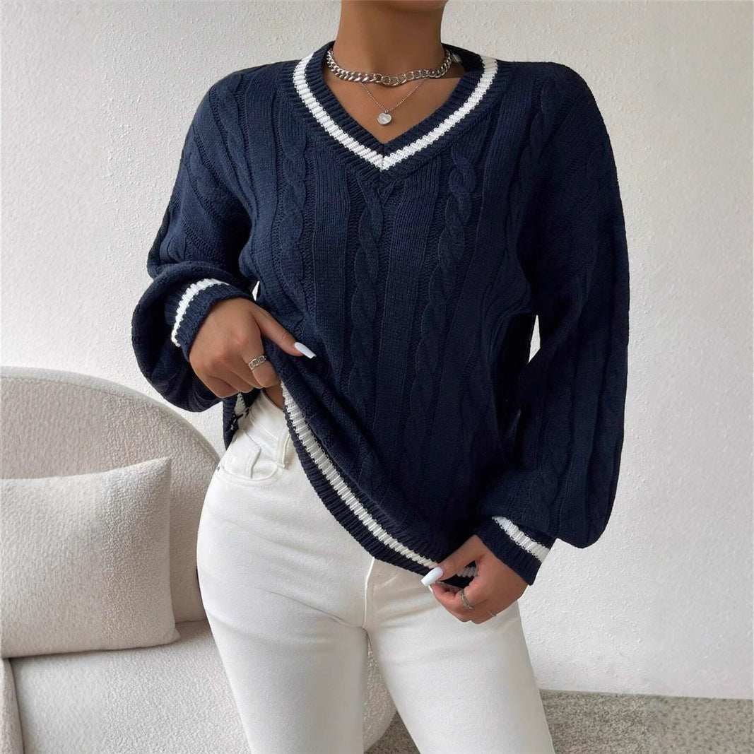 Knit sweater for women with a trendy V-neck and an elegant cable pattern Lune London