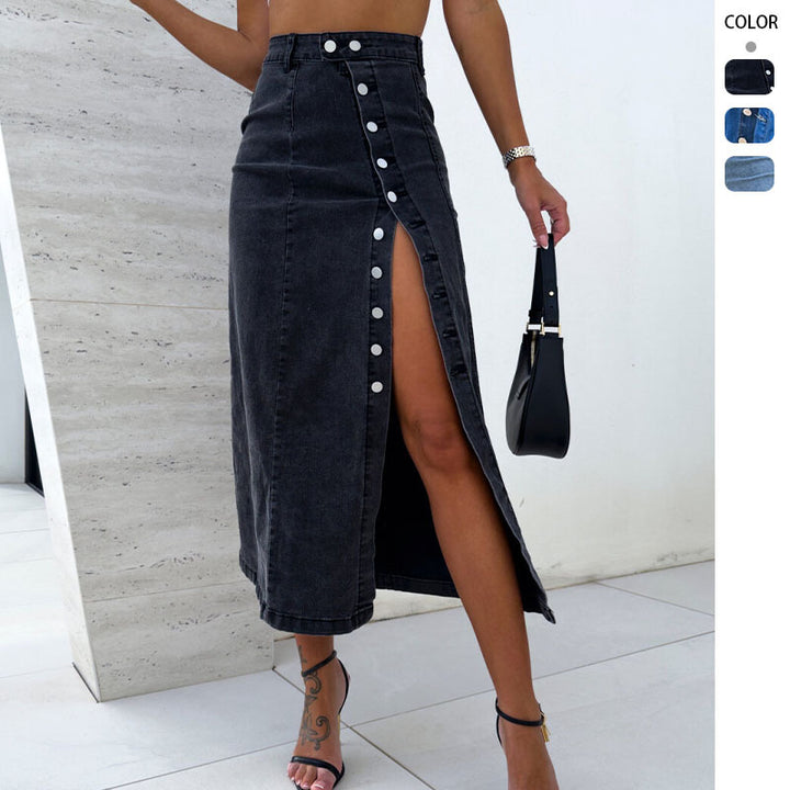 Women's Long Denim Skirt with Side Slit and Button Details Lune London