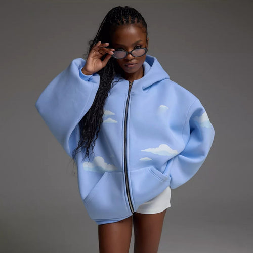 Oversized hooded jacket for women with airy cloud patterns Lune London