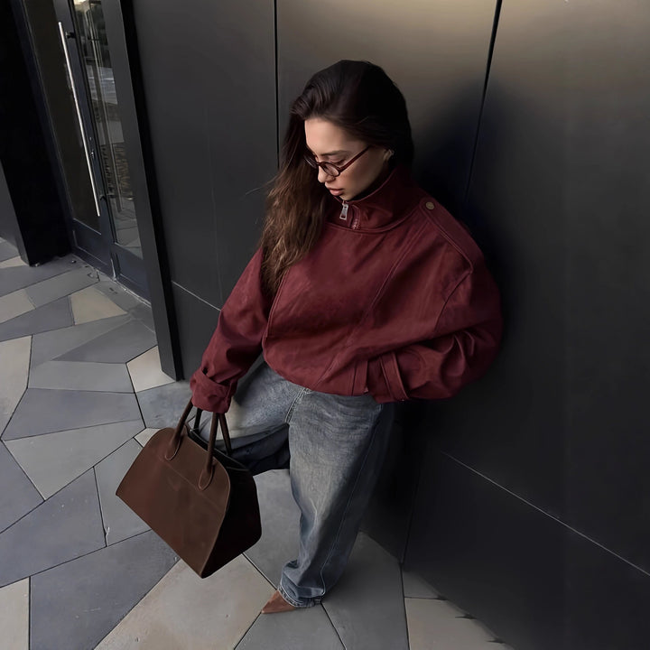 Ladies oversized jacket with high collar and asymmetrical cut Lune London