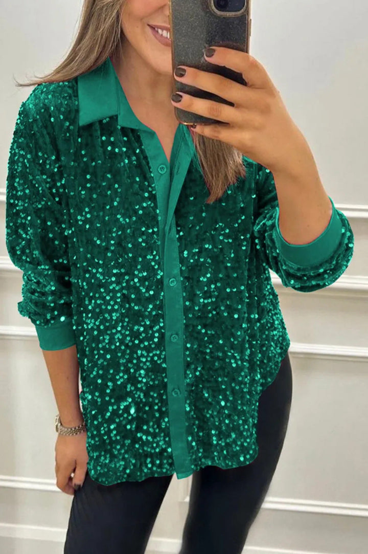 Blouse à sequins glamour pour femmes avec col classique et manches longues Chic & Stil