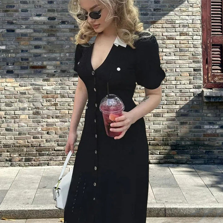 Midi dress for women with button placket and contrasting collar Lune London
