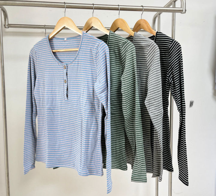 Striped long-sleeve T-shirt for women with button placket and casual fit Lune London