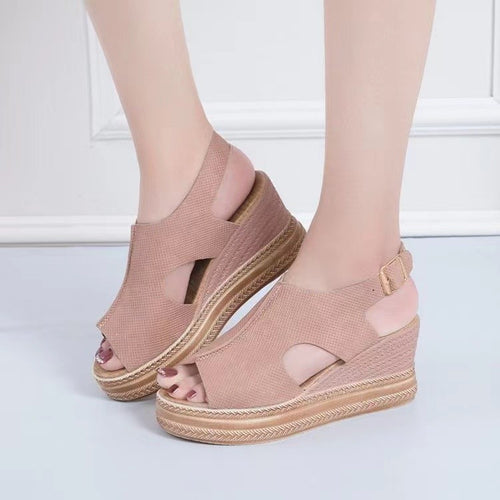 Elegant and comfortable wedge sandals for women with an open heel and adjustable strap Lune London