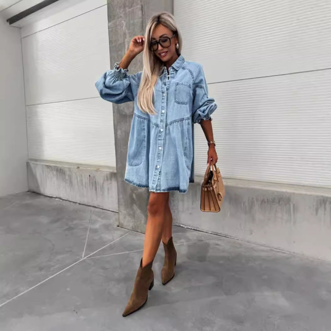 Robe chemise en denim pour femmes avec des manches volumineuses Chic & Stil