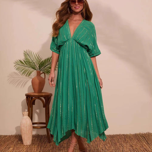 Women's maxi dress with high V-neck and flowing pleats