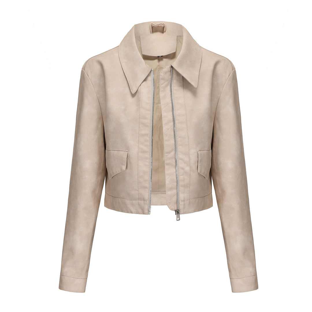Trendy cropped synthetic leather jacket for women with classic wave collar Lune London