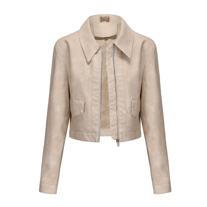 Trendy cropped synthetic leather jacket for women with classic wave collar Lune London