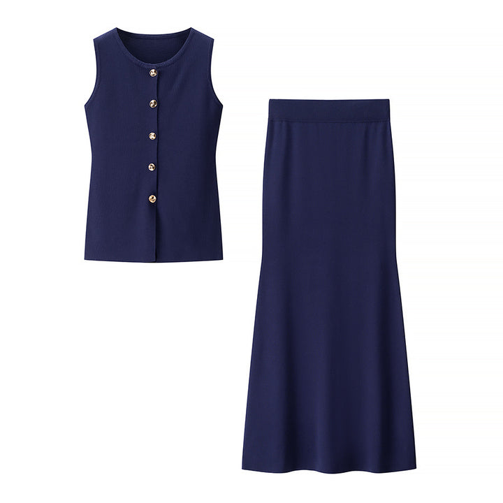 Women’s outfit including a sleeveless top with button details and a flared skirt Lune London