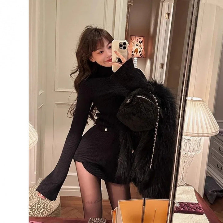 Women’s knitted dress with high collar and wide sleeves Chic & Stil