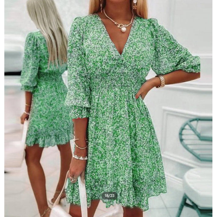 Mini floral V neck dress for women with gathered waist Lune London