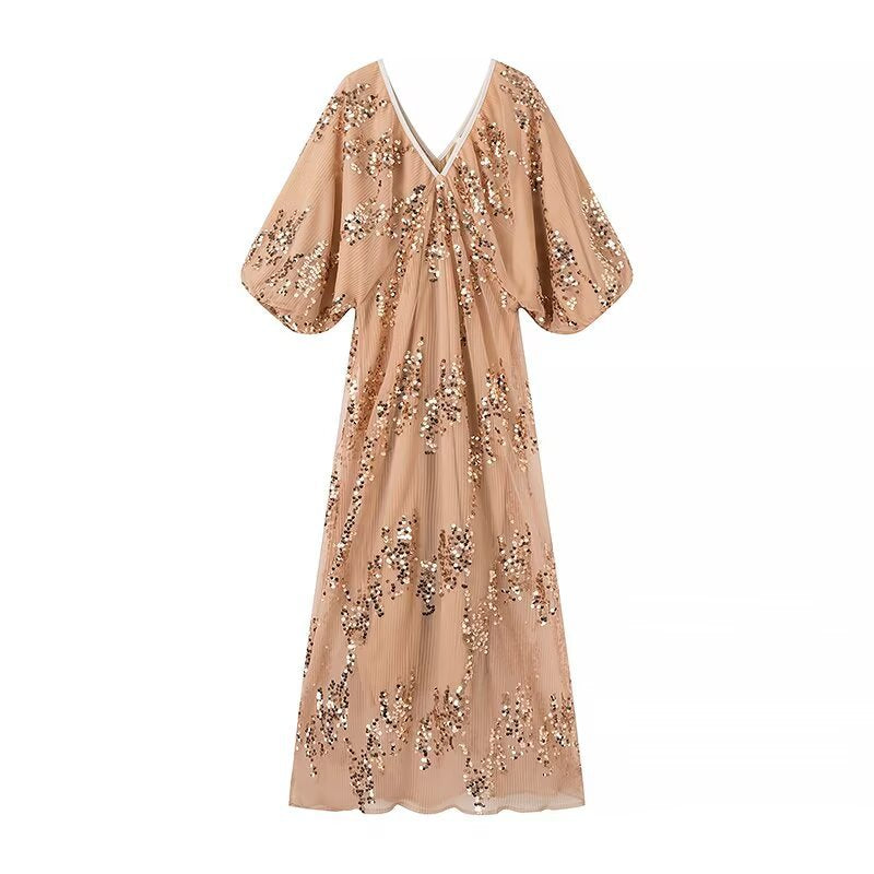 Maxi dress for women with voluminous puff sleeves and a floral rhinestone design Lune London
