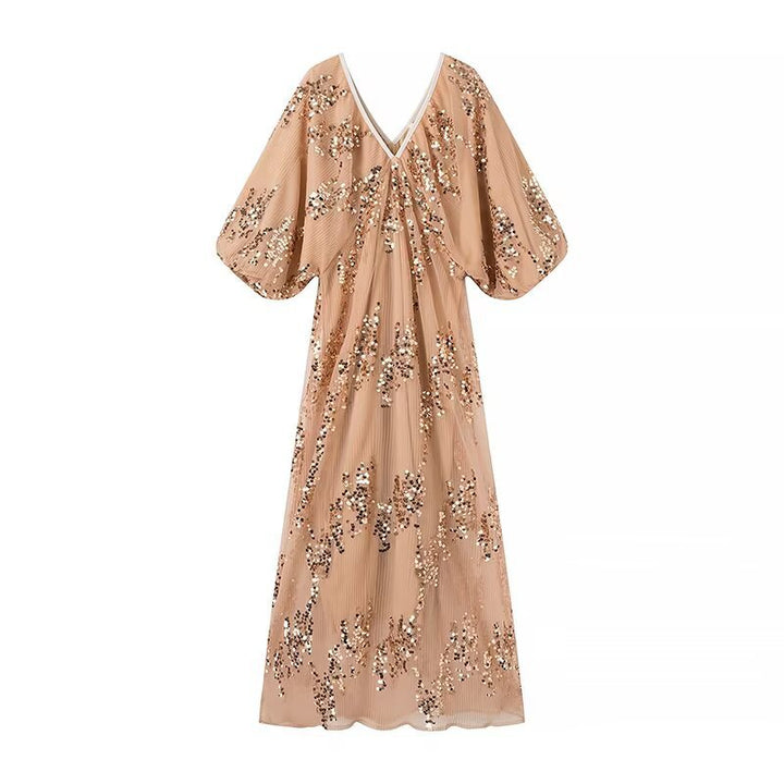 Maxi dress for women with voluminous puff sleeves and a floral rhinestone design Lune London