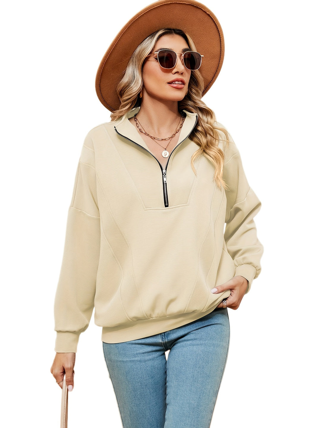 Women’s sweatshirt with half-zip and decorative seams Lune London