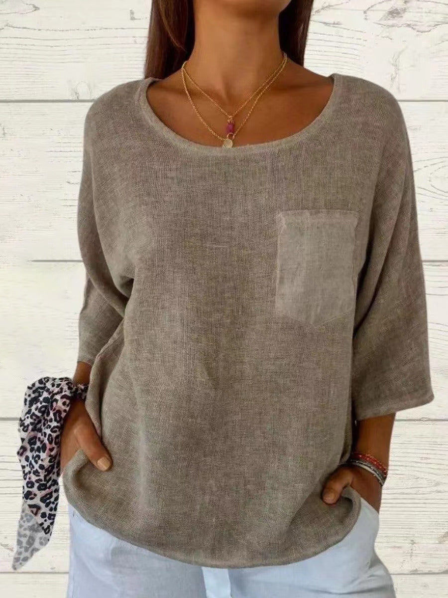 Ladies casual linen top with loose fit and chest pocket Lune London