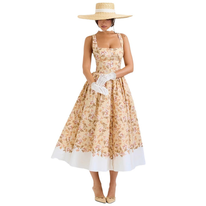 Chic & Stil Elegant Floral Pattern Midi Dress with Fine Straps