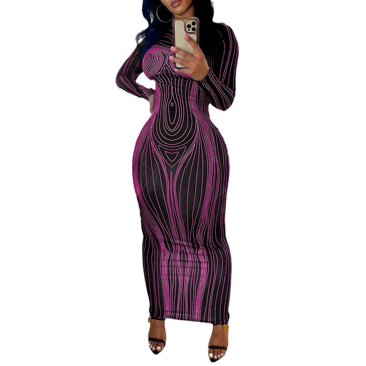 Robe maxi ajustée à manches longues pour femmes avec design graphique moderne Chic & Stil