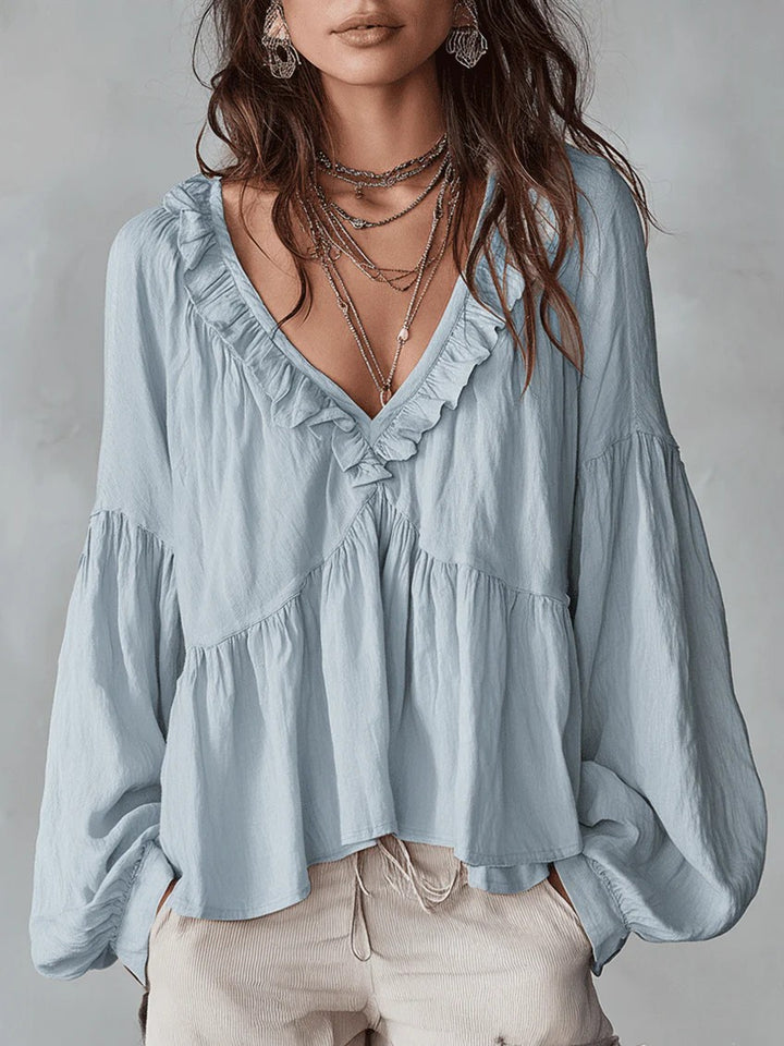 Women's Flowing Top with Ruffled Details and V-Neck Lune London