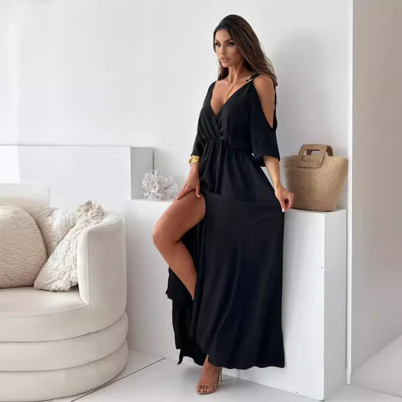 Maxi dress with high slit for women with adjustable tie belt Lune London