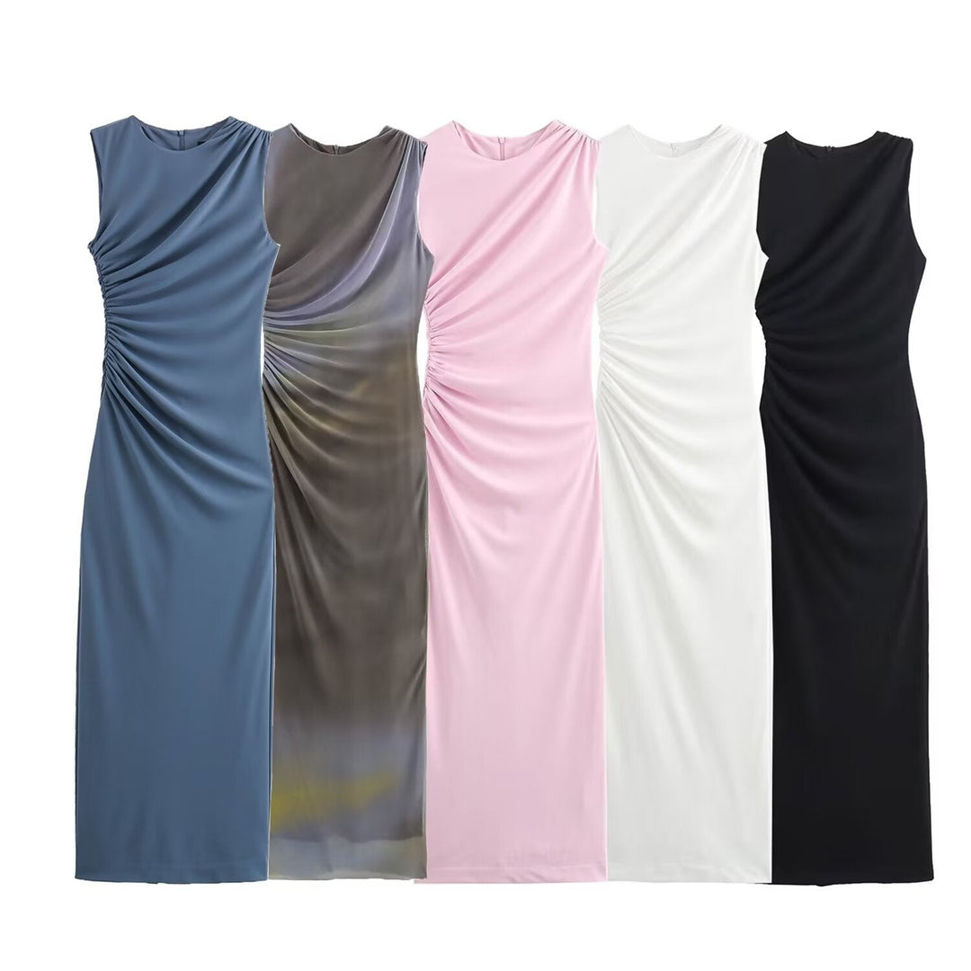 Lune London | Solid Color Round Neck Sleeveless Folding Slim Fit Dress