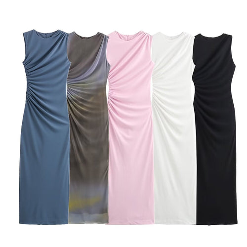 Lune London | Solid Color Round Neck Sleeveless Folding Slim Fit Dress