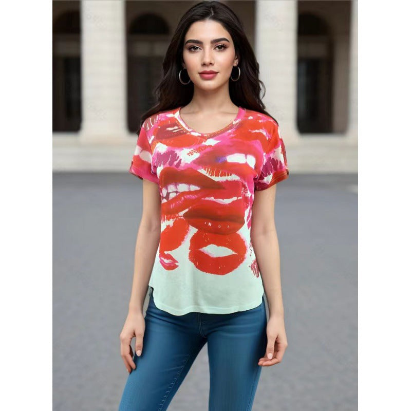 T-shirt pour femme avec design de lèvres créatif et coupe décontractée Chic & Stil