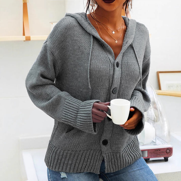 Women's knitted jacket with hood and buttons in a casual chic style