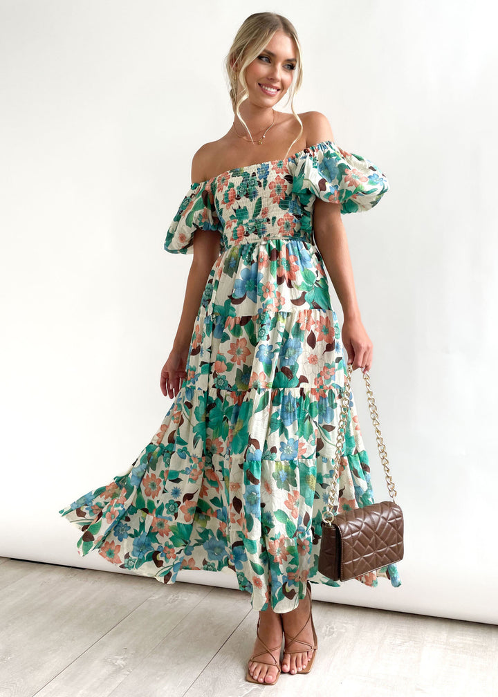 Ladies Floral Puff Sleeve Midi Dress Lune London