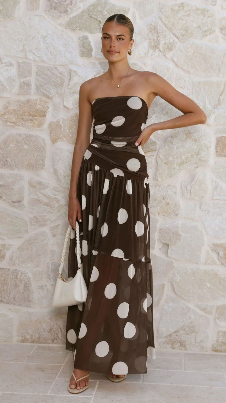 Women's maxi dress with off-the-shoulder cut and playful polka dot pattern Lune London