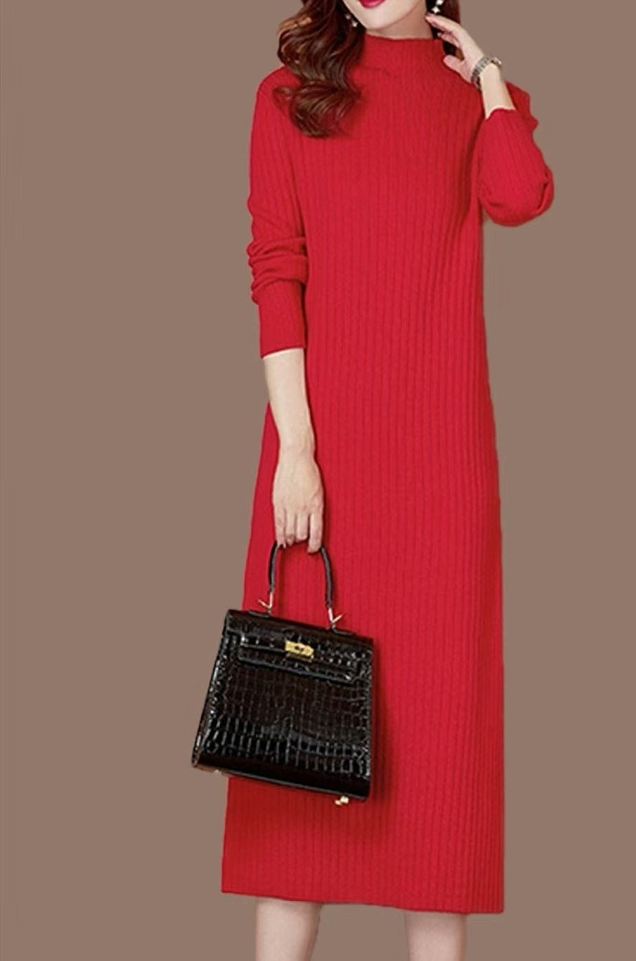 Knit dress for women with a fine ribbed texture and a high collar Lune London